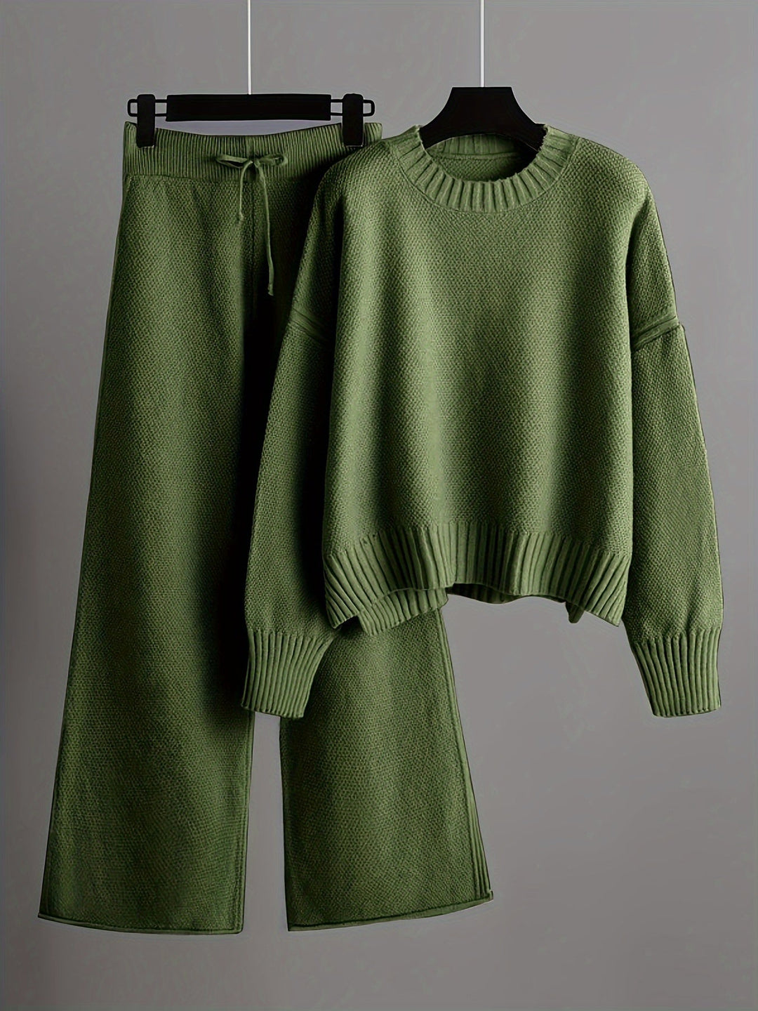 Green knit sweater and wide-leg trousers loungewear set