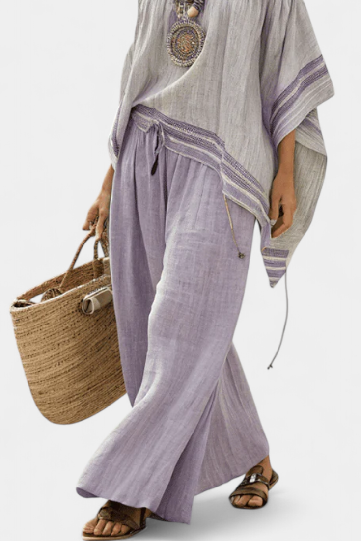 Lavender striped wide-leg trousers with drawstring waist and decorative stitched bands