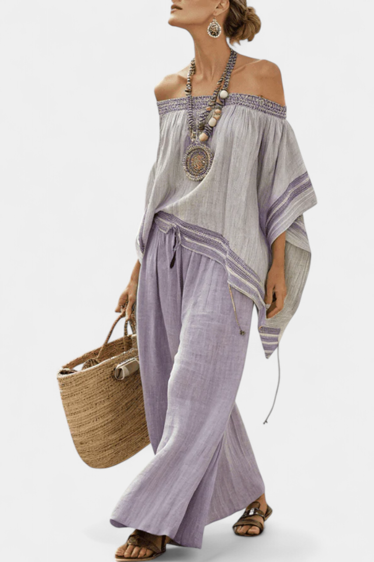 Striped wide-leg trousers in lavender with drawstring waist and side pocket seams