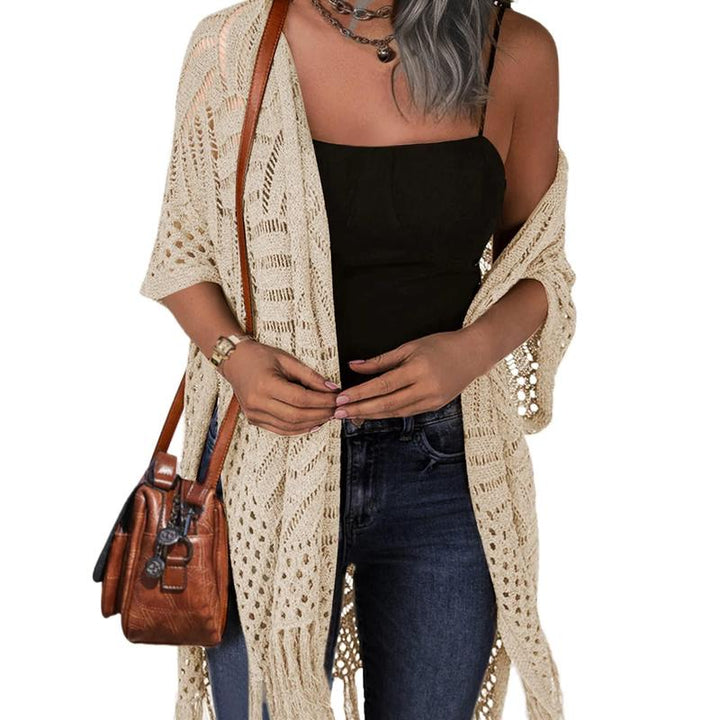 Open-front crochet knit cardigan in cream, short sleeves with openwork pattern