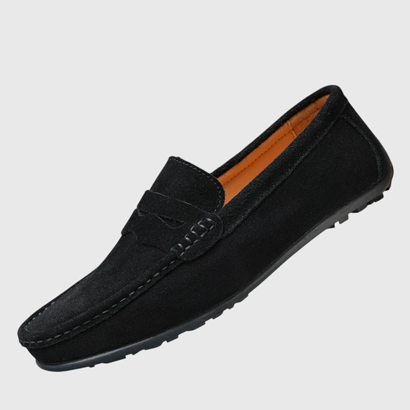 Black suede orthopaedic loafers, slip-on moccasin with stitched seam