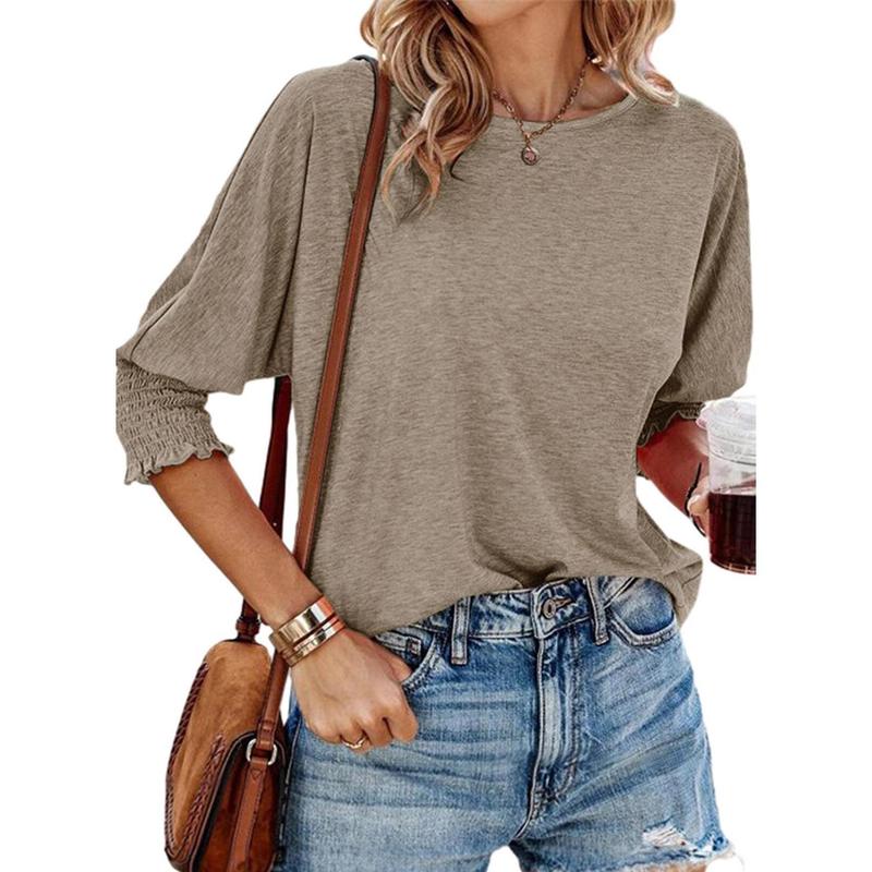 Lightweight summer workwear blouse, heather grey crew neck with ruched cuff sleeves