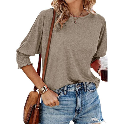 Lightweight summer workwear blouse, heather grey crew neck with ruched cuff sleeves