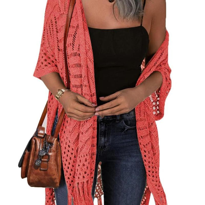 Open-front crochet knit cardigan in coral red, short sleeves with openwork pattern