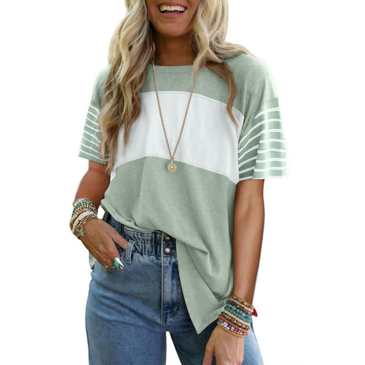 Breathable stripe crewneck top in sage green with white horizontal panel