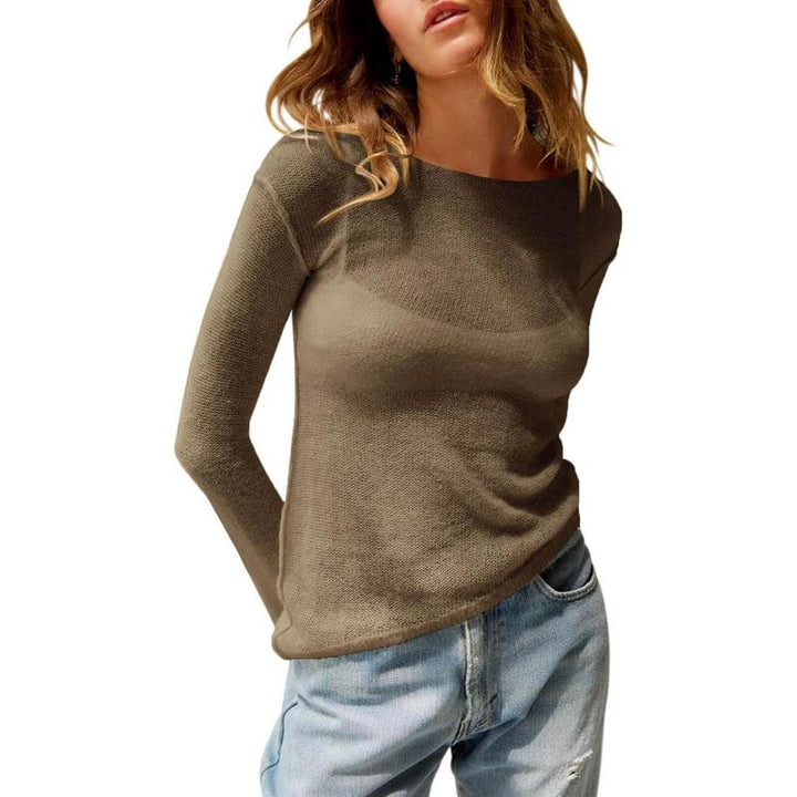 Olive sheer long-sleeve top with wide neckline and relaxed, lightweight drape