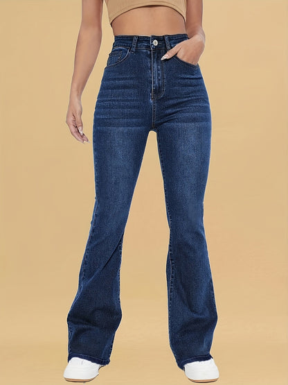 Dark blue high-rise flare jeans with front button waistband and side seam details