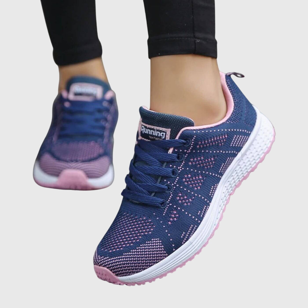 Women's slim sport shoes, navy knit with pink pattern, lace-up and white rubber sole