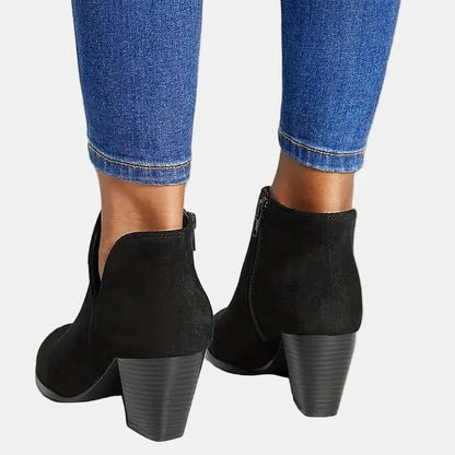 Black suede ankle boots with side zip and block heel, rear view