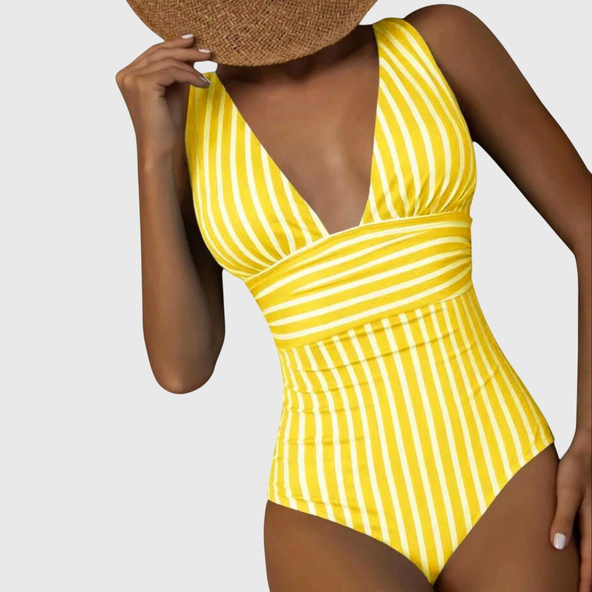 Yellow and white striped one-piece swimsuit with deep V-neck