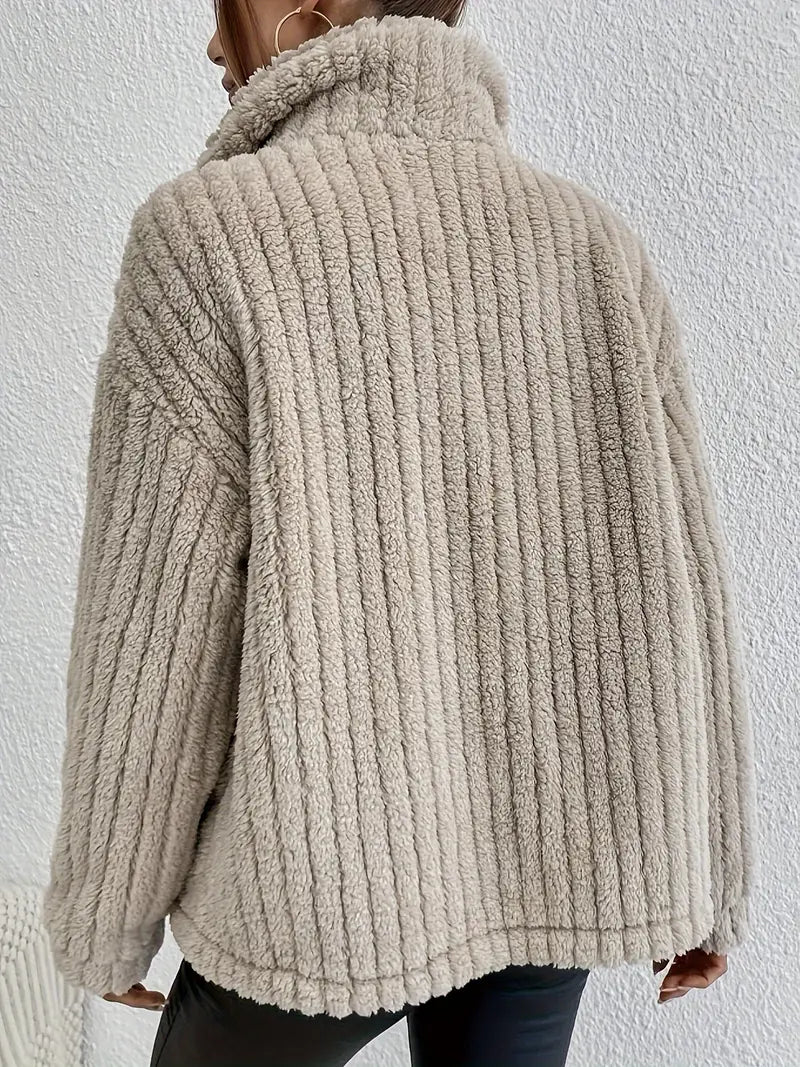 Beige velvet button cardigan back view with vertical texture and ribbed hem