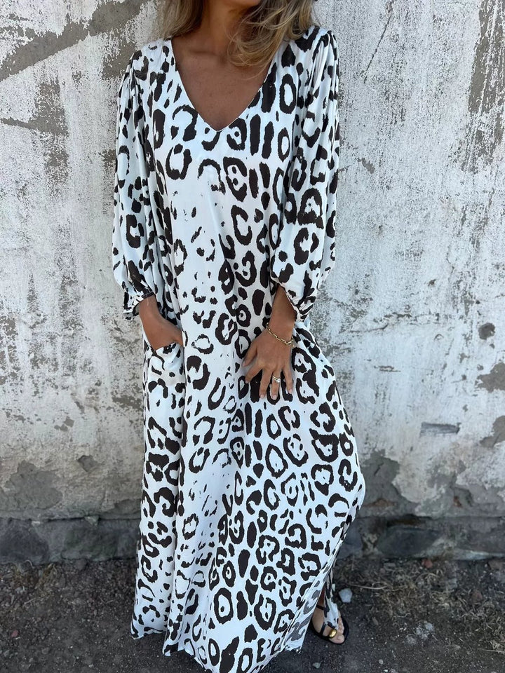 White leopard print long-sleeve maxi dress with V-neck and side pockets