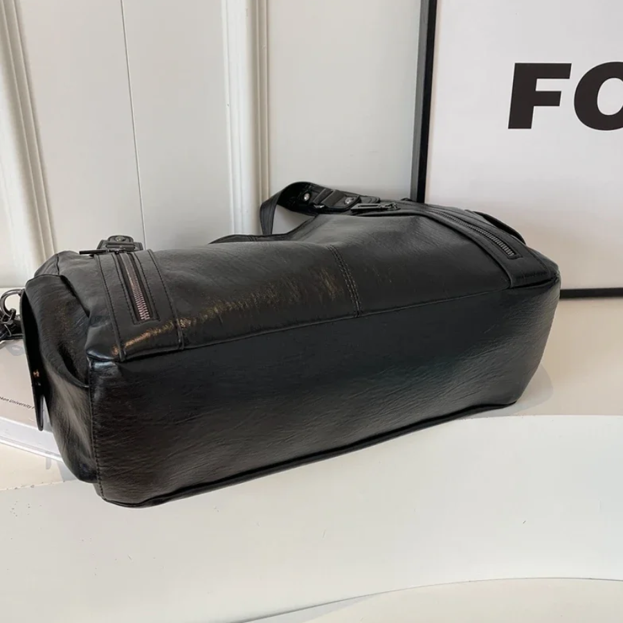 Dual-zipper large-capacity shoulder bag, black with wide base and top zip closure