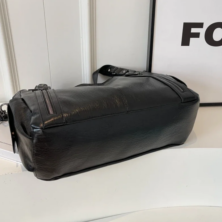 Dual-zipper large-capacity shoulder bag, black with wide base and top zip closure