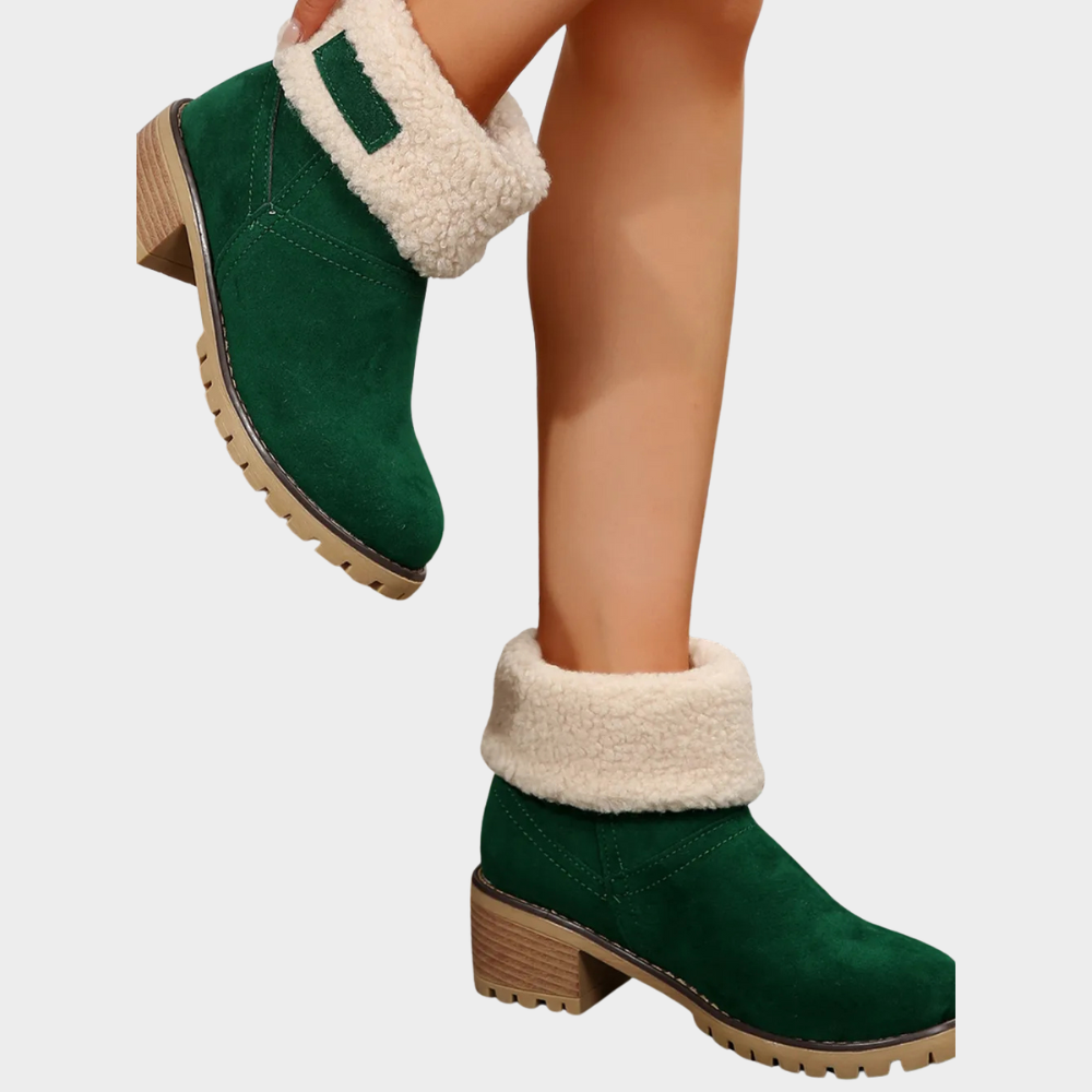 Green suede mid-heel winter boots with sherpa cuff and lug sole