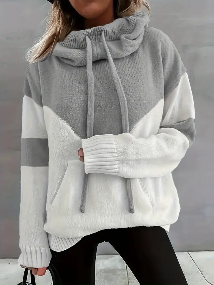 Heather grey and white dual-tone hooded hoodie with drawstring and front pocket