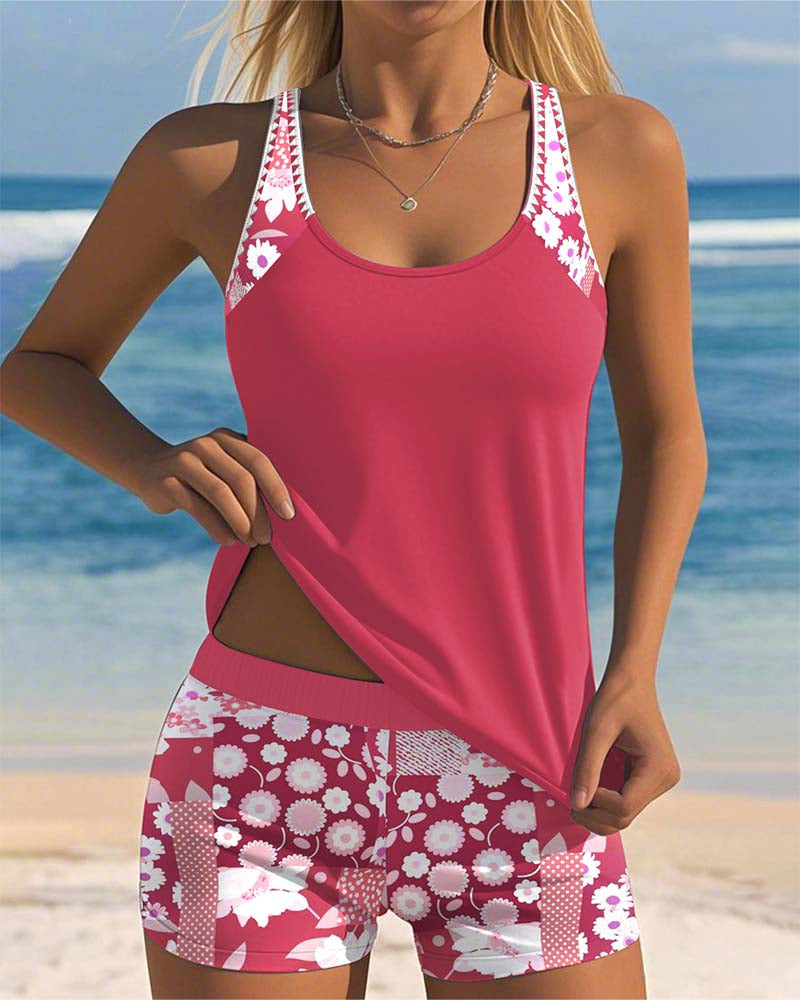 Pink swimsuit tank and printed boxer shorts set with white floral butterfly patch trim