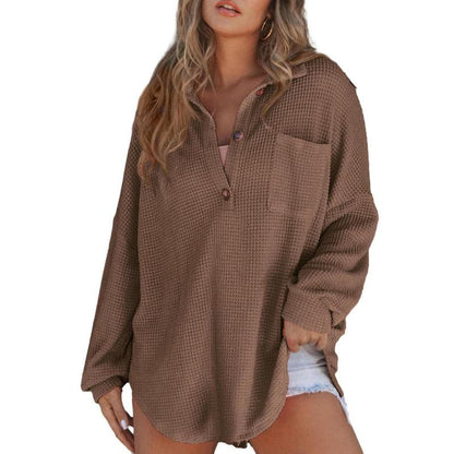 Brown waffle V-neck long sleeve sweater with button placket and chest pocket