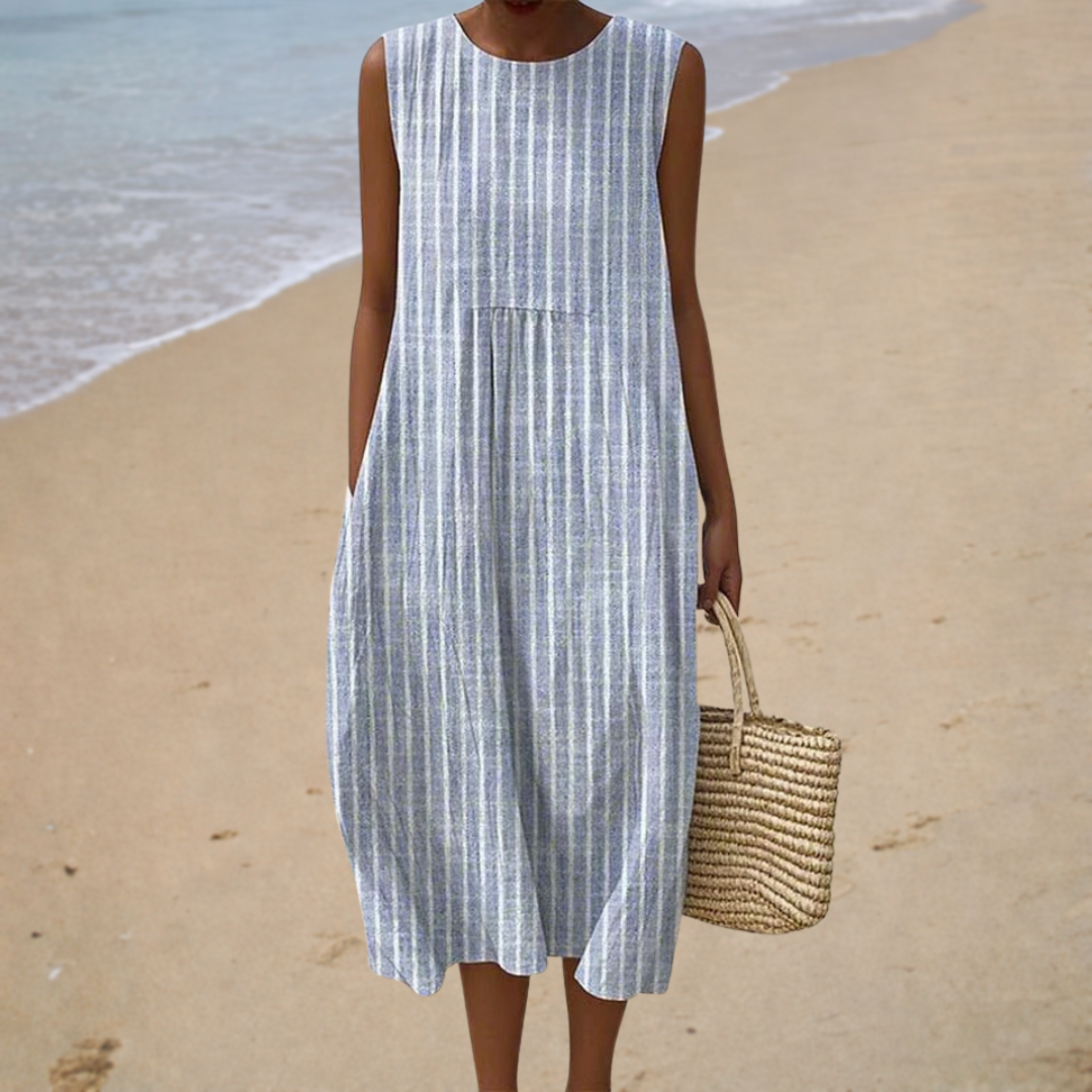 Sleeveless striped summer dress, light blue and white, round neckline, midi length