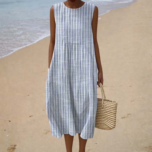 Sleeveless striped summer dress, light blue and white, round neckline, midi length