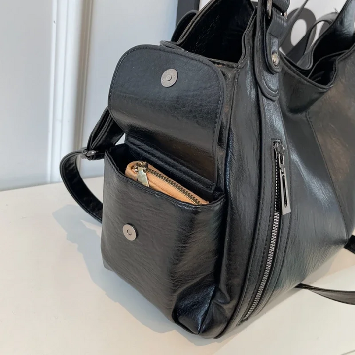 Dual-zipper large-capacity shoulder bag, black with side pockets and zipper compartment
