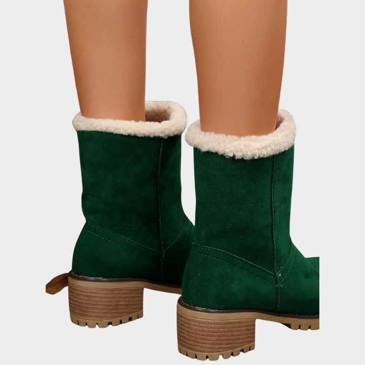Green suede mid-heel winter boots with sherpa lining, side gore, lug sole
