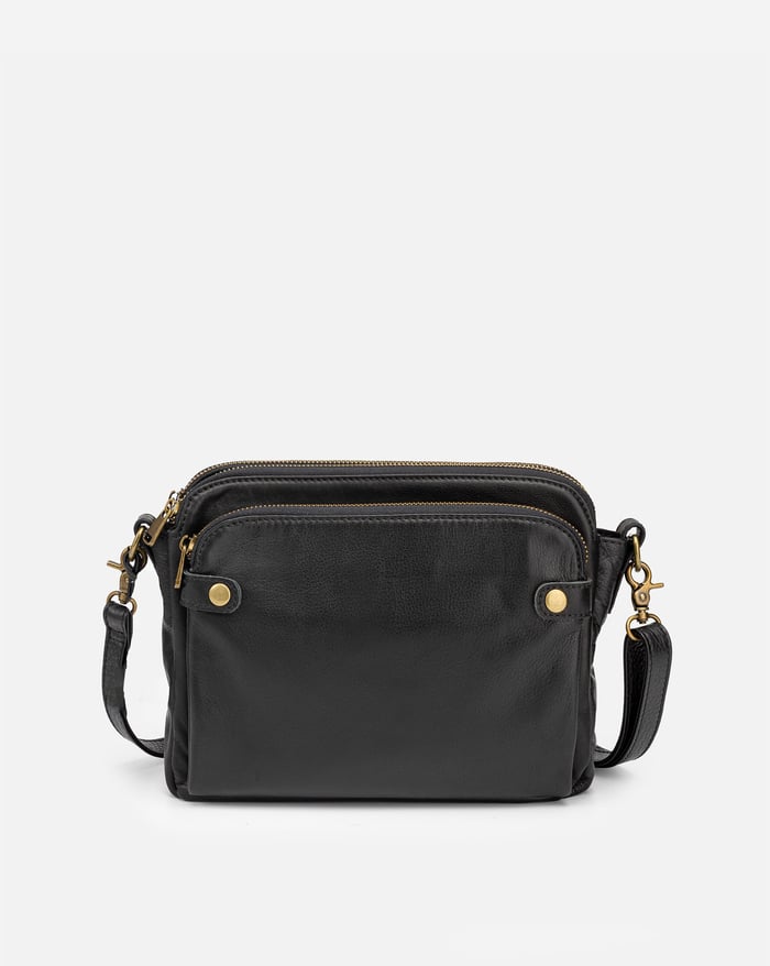 Black sleek crossbody bag with zip top, front pockets, and adjustable shoulder strap