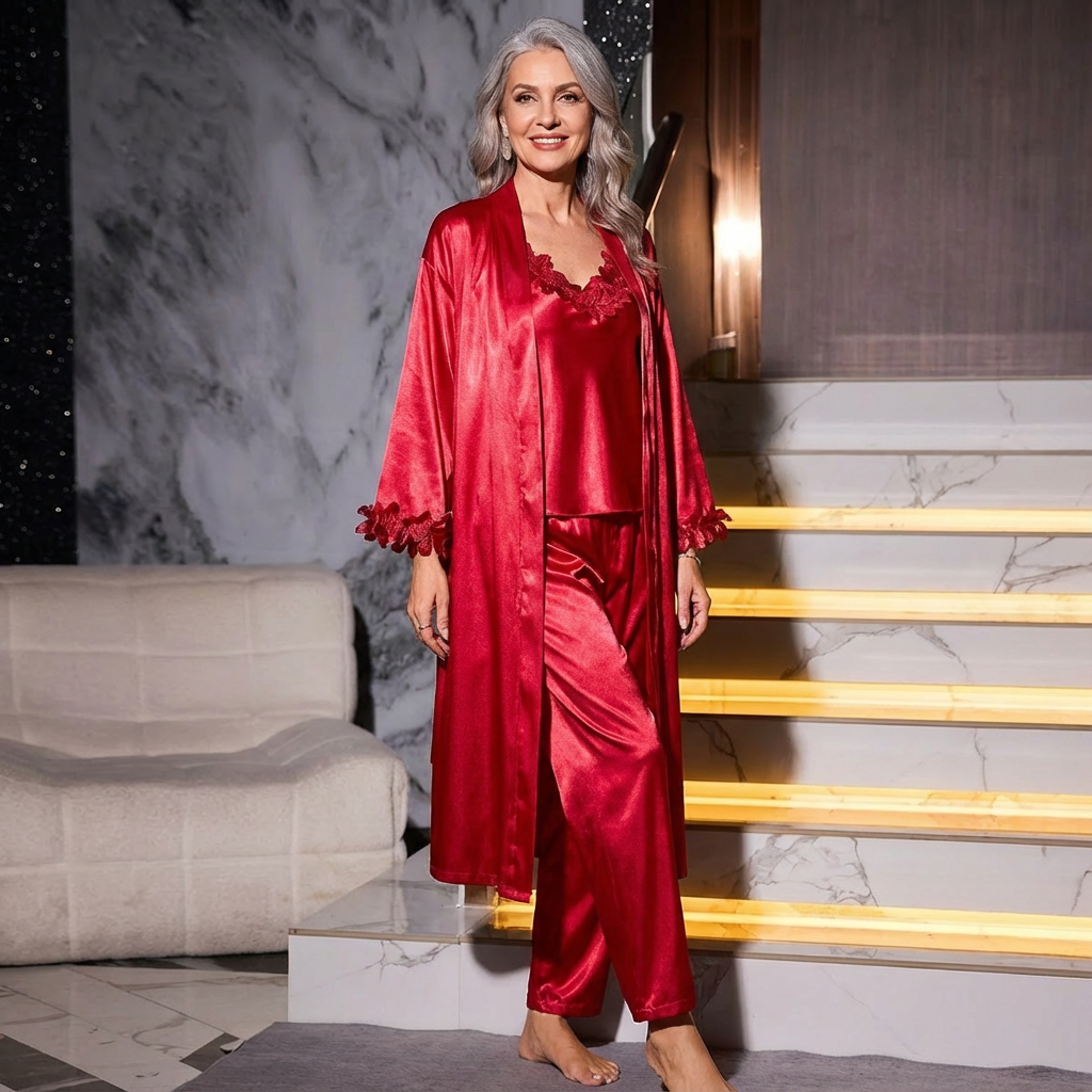 Red satin sleepwear set with lace camisole, matching pants, and long robe