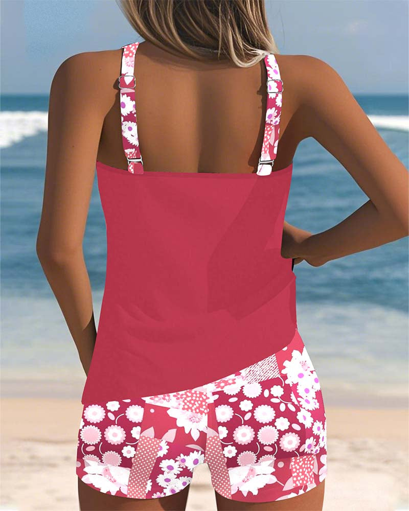 Pink swimsuit tank and printed boxer shorts set with open back and white floral straps
