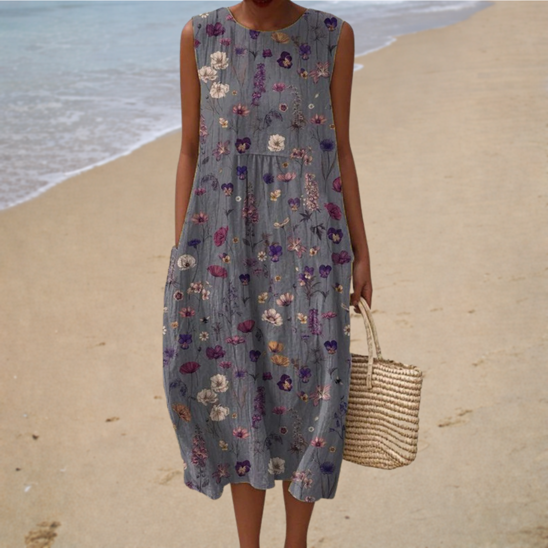 Sleeveless summer dress, dusty gray with multicolor floral print, sleeveless