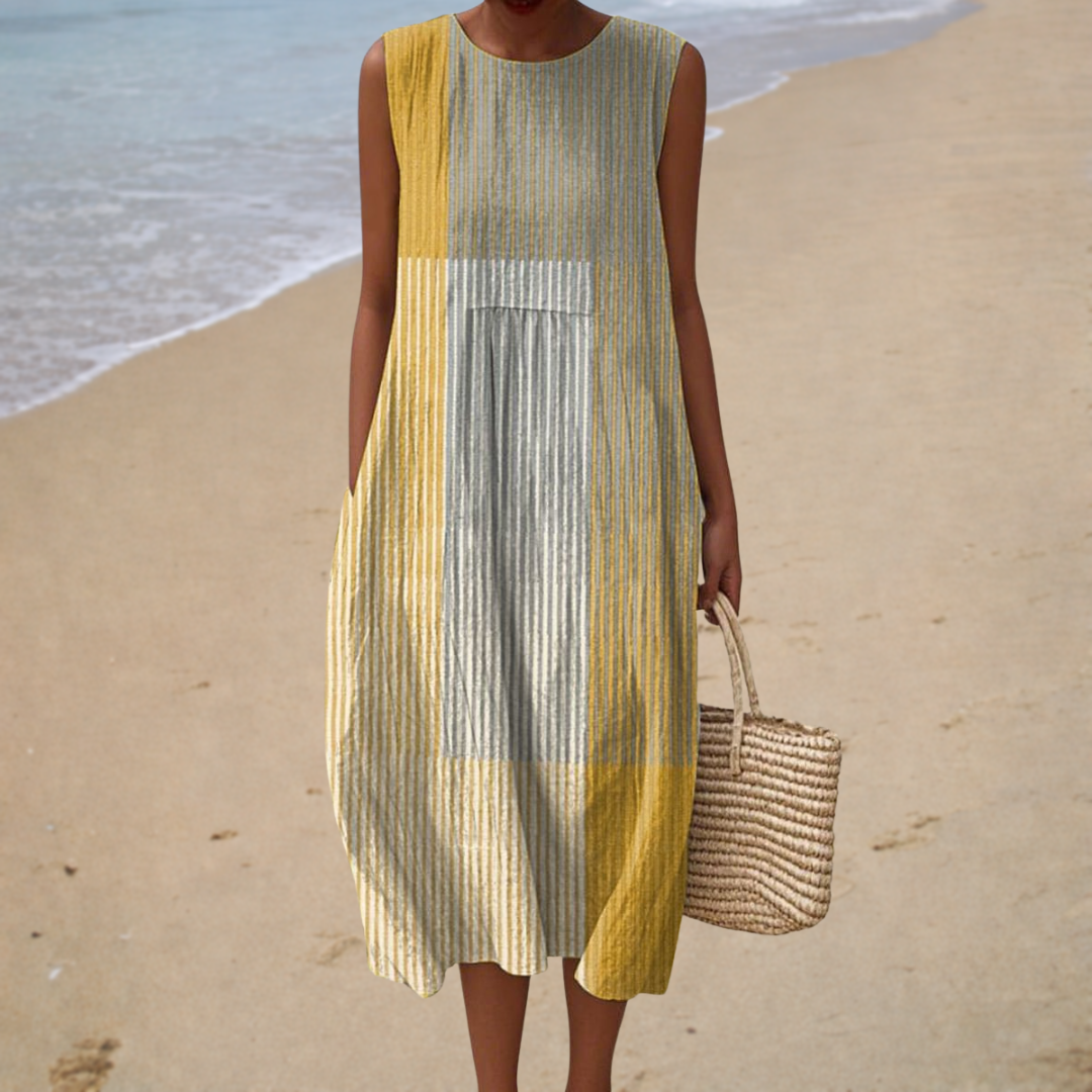 Sleeveless summer dress, vertical striped yellow and gray, rounded neckline, midi length