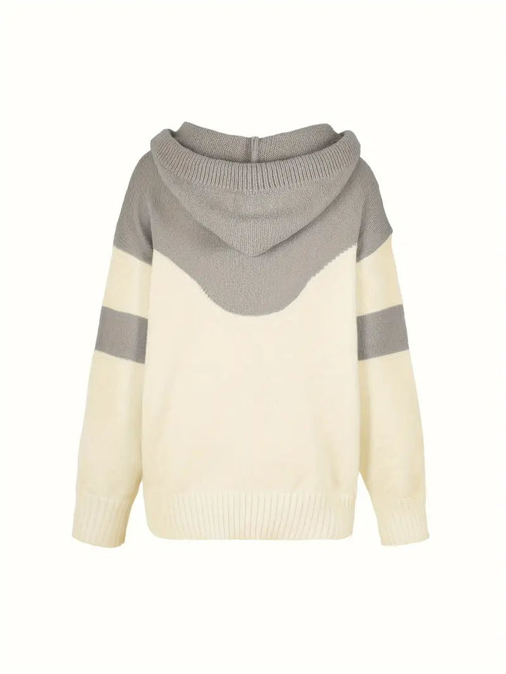 Grey and white dual-tone hoodie with hood and drawstring, back view