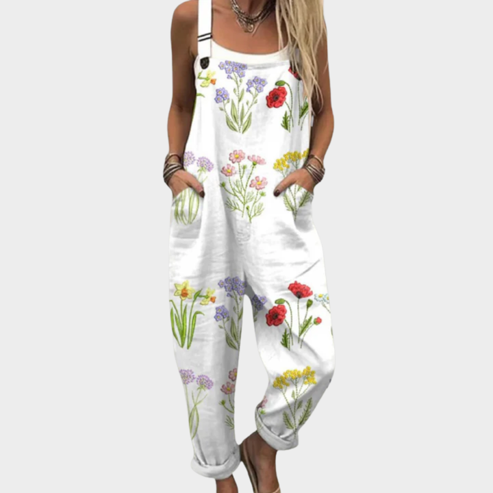 Floral printed white overalls, sleeveless halter style with wide legs