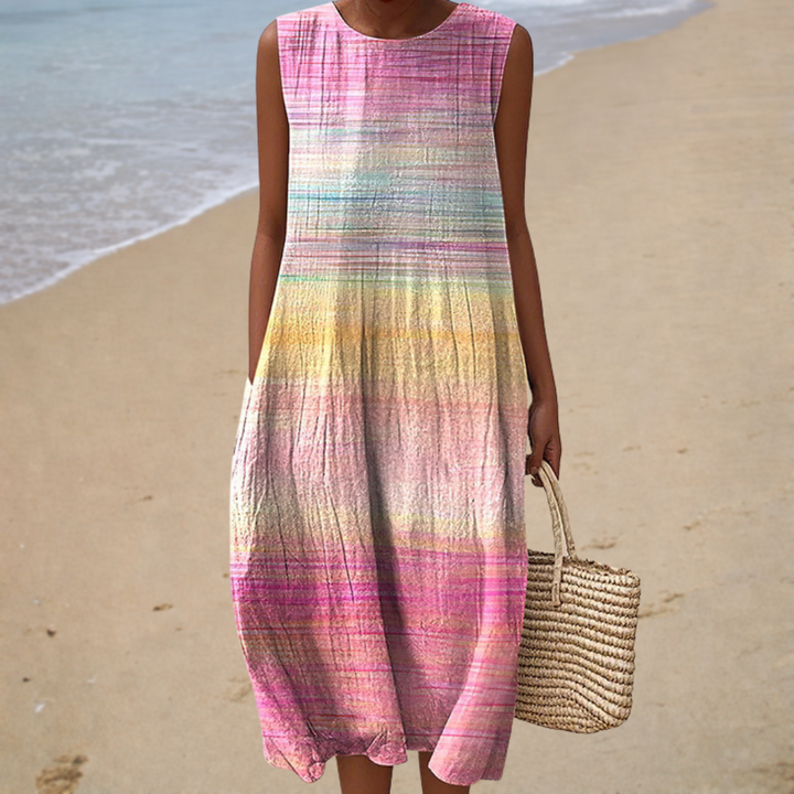Sleeveless summer dress with scoop neck and multicolor striped skirt