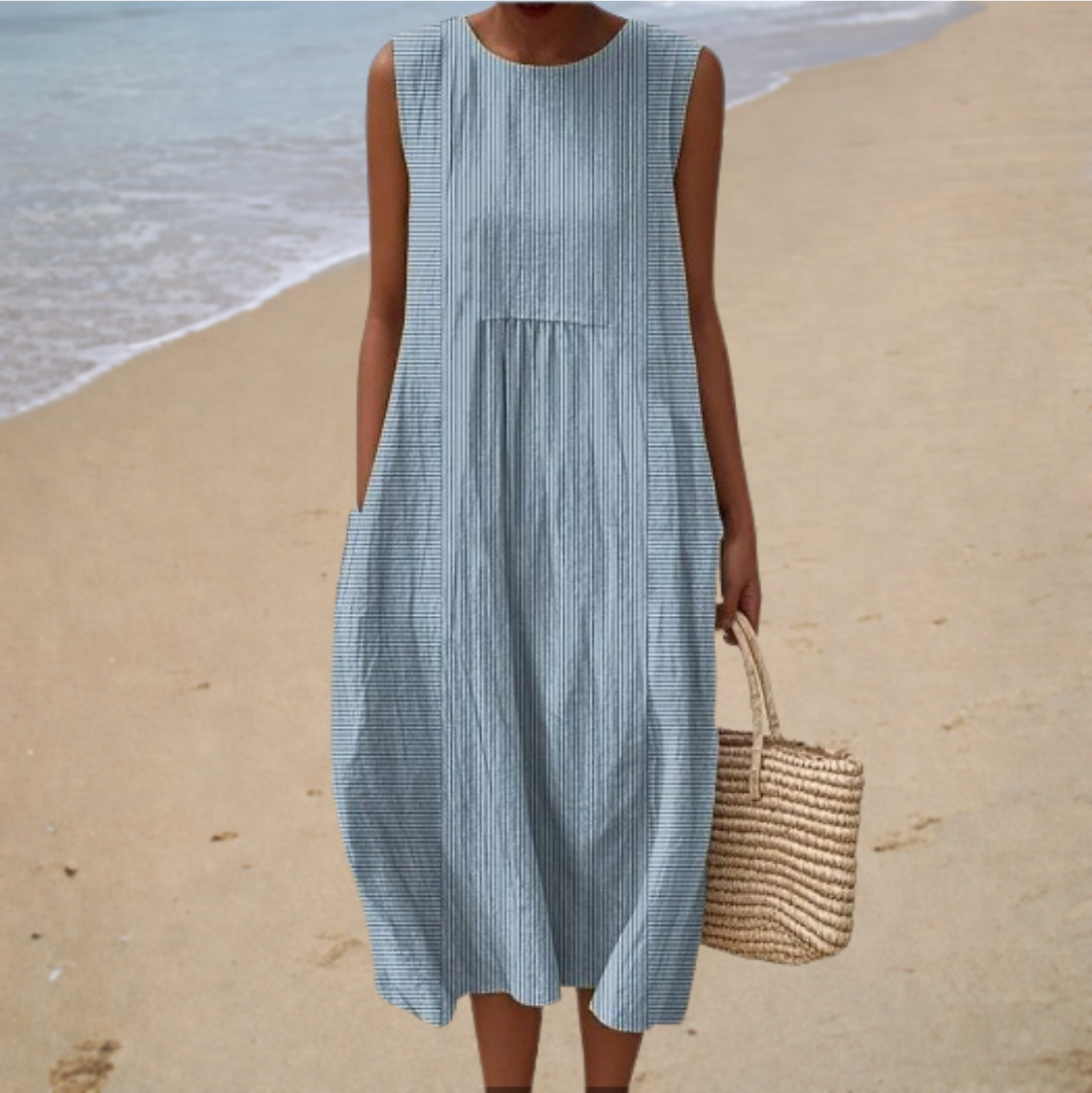 Sleeveless striped summer dress with gathered skirt and side pockets, blue-gray