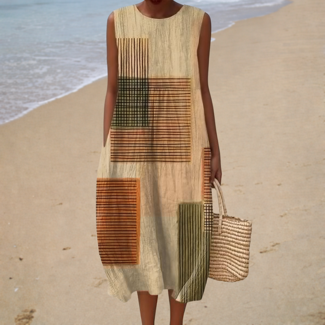 Sleeveless summer dress, light beige with vertical stripe panel print, midi length
