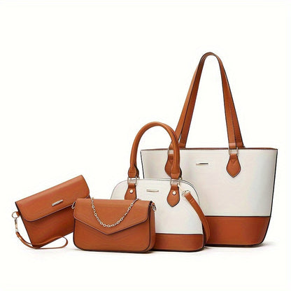 Mother and daughter bag set in brown and white, includes large tote, mini shoulder, crossbody, and pouch