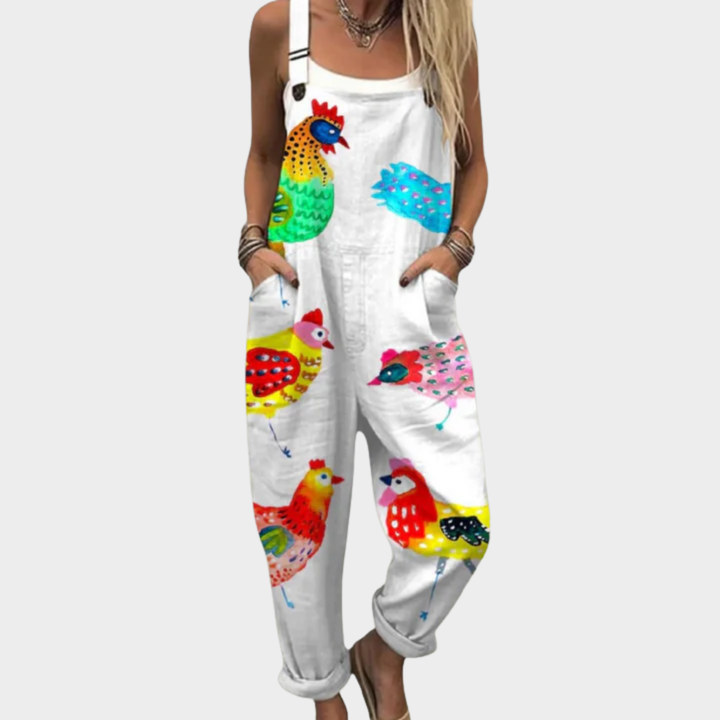 Multicolored printed overalls with rooster and bird pattern, white base, sleeveless