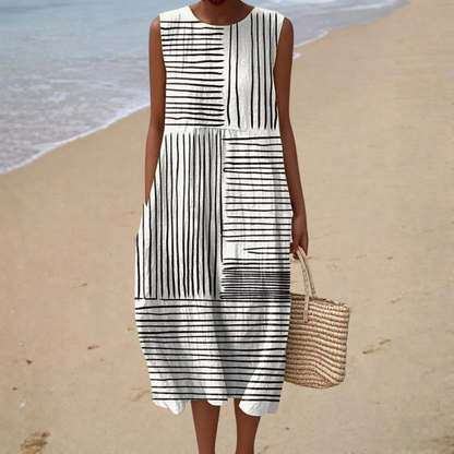 Sleeveless summer dress with black-and-white striped panel print