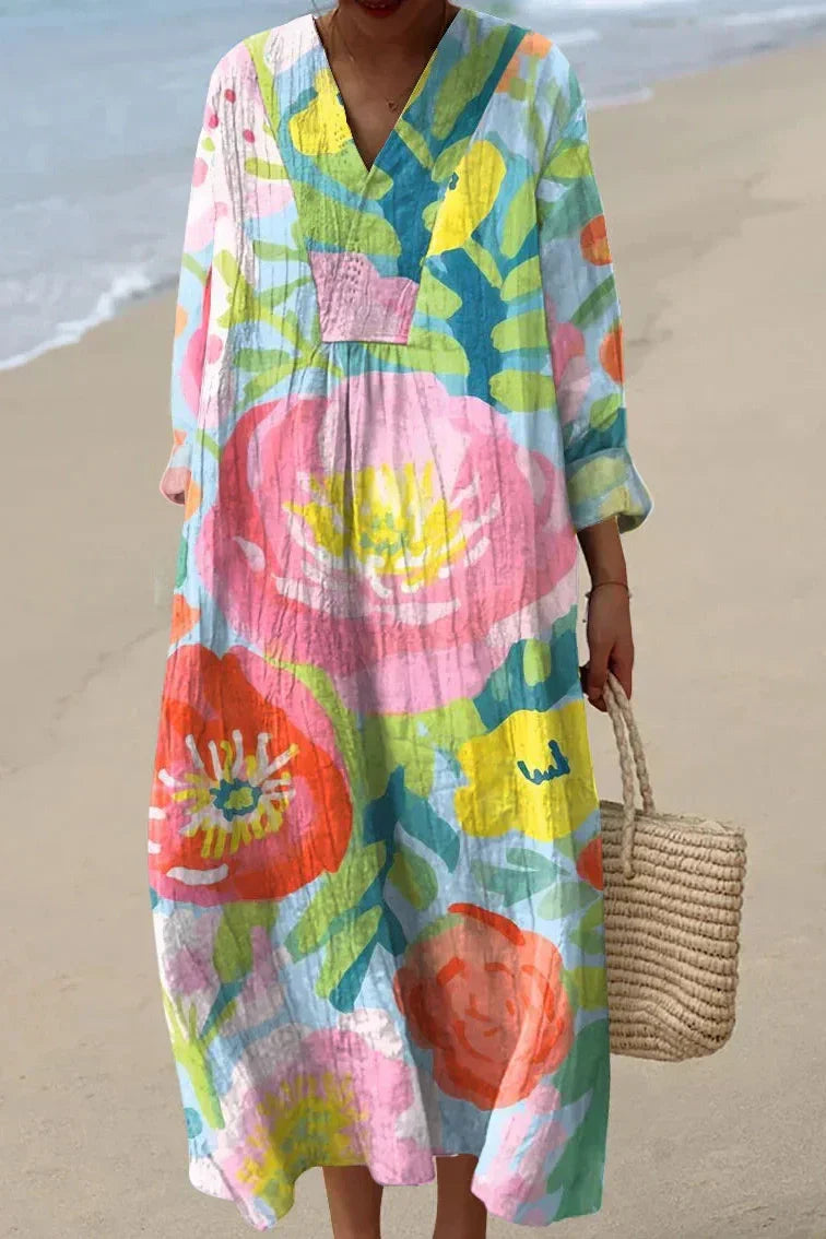 Multicolor floral print V-neck maxi dress with long sleeves and relaxed fit