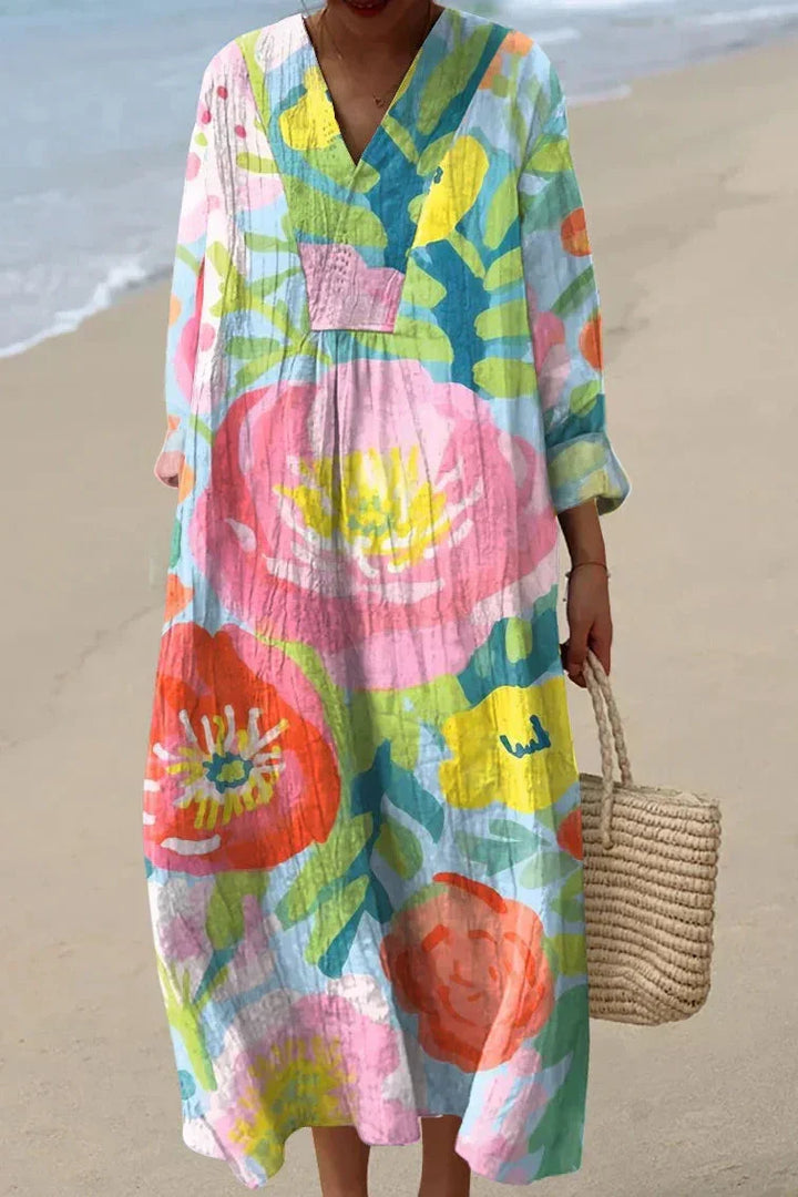 Multicolor floral print V-neck maxi dress with long sleeves and relaxed fit
