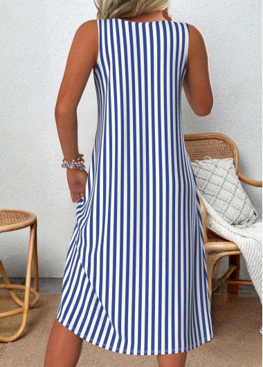 Back view of blue and white striped sleeveless midi dress with rounded neckline