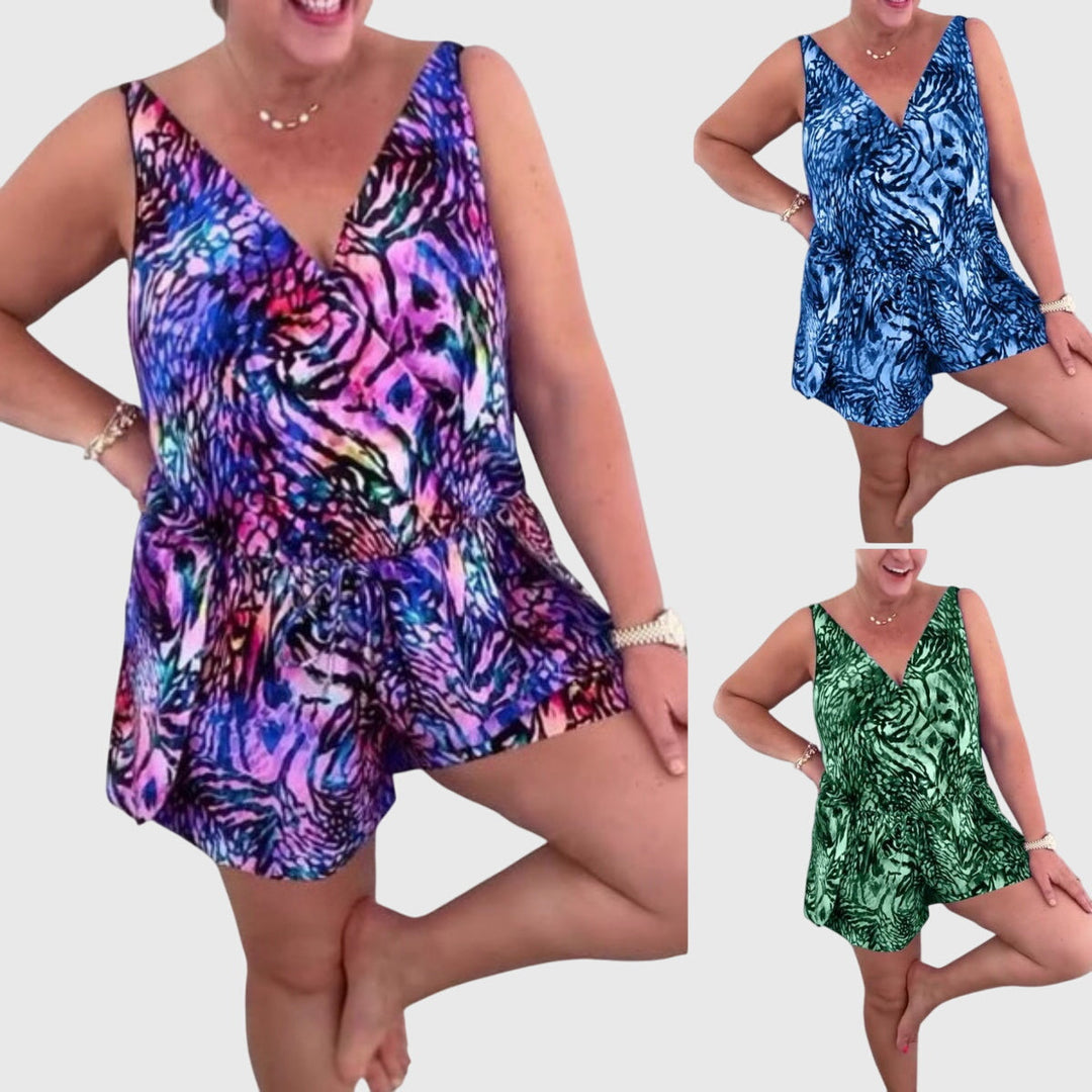Multicolor animal-print swimsuit dress with V-neck, sleeveless peplum hem