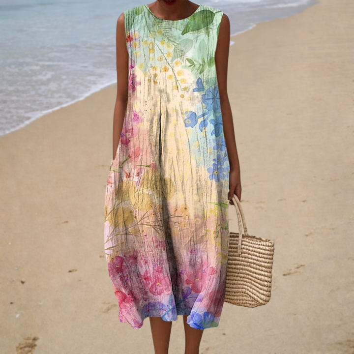 Sleeveless summer dress, multicolor floral print, crew neck, loose midi fit