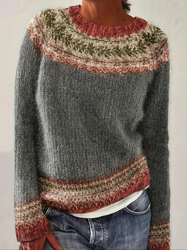 Long-sleeve heather blue knit sweater with striped crew neckline and ribbed cuffs