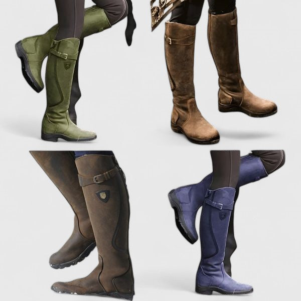 Multi-color orthopedic boots display: green, tan, blue, dark brown