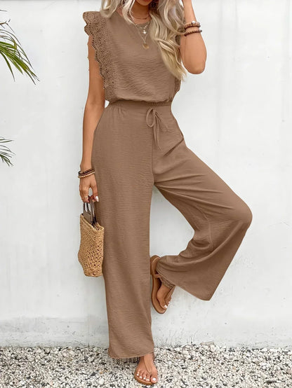 Zella™ taupe lace-trim sleeveless top with drawstring waist wide-leg trousers