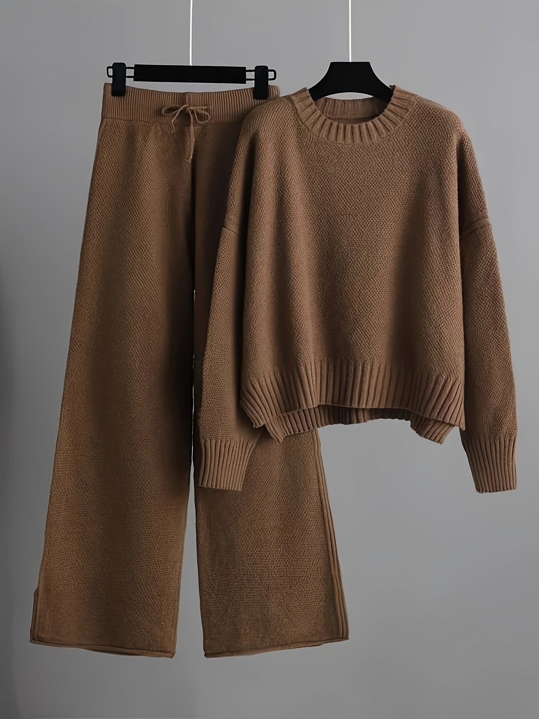 Brown knit sweater and wide-leg trousers loungewear set