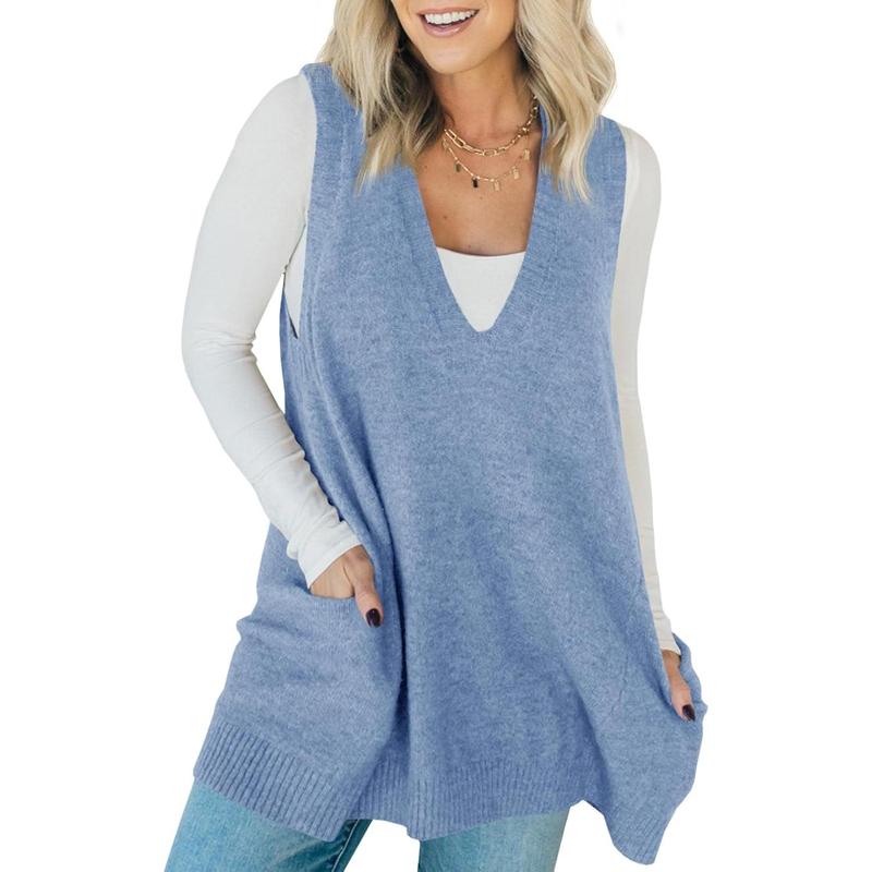 Blue knit sleeveless tunic vest with V-neck and side pockets, hip-length hem