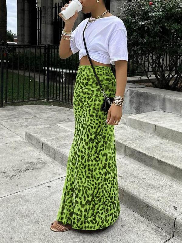 Leopard print high-waist bodycon skirt, lime green with dark spots